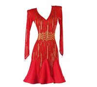TJDWPRRD Abiti da Ballo Latino da Donna con Perline Gonna a Lisca di Pesce Cha Cha con Strass Abbigliamento da Ballo Salsa Tango Costumi da Competizione per Sala da Ballo con Scollo a V,Rosso,XXL