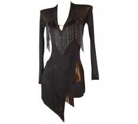 TJDWPRRD Abiti da Competizione Ballo Latino con Strass Abito da Ballo Salsa con Frange Vestito da Ballo per Spettacoli da Sala con Scollo a V Vestiti da Ballo Tango con Giunzioni in Rete,Nero,XL