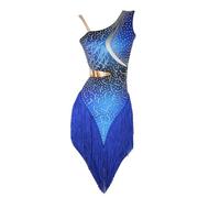 TJDWPRRD Abiti da Competizione Latina Professionale Abito Salsa Tango con Nappa per Donna Gonna da Sala da Ballo Cha Cha Senza Schienale Abbigliamento da Ballo per Rumba Samba,Blu,XXL