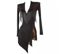 TJDWPRRD Abito da Ballo Latino con Strass Abbigliamento da Ballo Salsa Tango a Maniche Lunghe con Scollo a V Abiti da Sala da Ballo per Donna Gonna a Fessura con Nappe a Strati,Nero,L