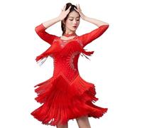 TJDWPRRD Abito da Ballo Latino per Donna Abbigliamento Prestazioni da Ballo Salsa Cha Cha con Frange Costume da Allenamento Ballo di Sala Tango Lucido Gonna da Ballo per Rumba Samba,Rosso,L