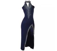 TJDWPRRD Abito da Ballo Latino Senza Maniche Gonna con Spacco Sala da Ballo con Nappe Vestito Tango Cha Cha da Donna Senza Schienale Abbigliamento da Ballo Prestazioni di Salsa,Blu,S