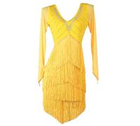 TJDWPRRD Abito da Sala da Ballo con Frange Vestiti da Competizione Latini con Scollo a V Gonna Salsa Cha Cha a Maniche Lunghe con Strass Costumi Spettacoli di Tango Elastici,B,S