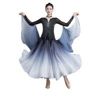 TJDWPRRD Abito da Sala da Ballo da Donna Completo da Ballo di Valzer con Strass Abiti da Ballo di Salsa Flamenco Sfumata Gonna da Competizione Standard Nazionale a Maniche Lunghe,Nero,L