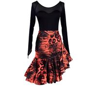 TJDWPRRD Abito Latino da Donna Vestito da Prestazioni Salsa Tango con Stampa Leopardata Costumi Pratica Sala da Ballo Traspiranti Gonna da Allenamento Cha Cha a Maniche Lunghe,A,L