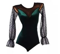 TJDWPRRD Body da Prestazioni Latina per Donna Abiti per Prove di Sala da Ballo Body da Danza Classica per Salsa Top Body da Ginnastica Costumi di Yoga con Maniche a Lanterna,Verde,S
