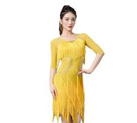 TJDWPRRD Completo Prestazioni Latina con Strass Abiti da Pratica Sala da Ballo con Nappe Abbigliamento da Ballo Salsa Tango da Donna Gonna da Allenamento Cha Cha a Manica Media,F,XL