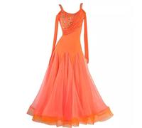 TJDWPRRD Costumi da Valzer per Donna Abbigliamento da Gara Balli da Sala con Bretelle Abiti da Tango con Strass Completo a Maniche Lunghe per Foxtrot Flamenco,Arancia,XL