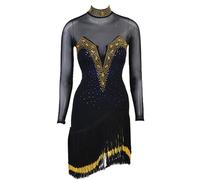 TJDWPRRD Gonna da Allenamento Latino con Nappe per Donna Abito da Sala da Ballo con Strass Costume da Salsa Tango a Maniche Lunghe Vestito da Esibizione con Giunture in Rete per Samba,Nero,S
