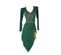 TJDWPRRD Vestito da Ballo Latino per Donna Abito da Sala da Ballo a Maniche Lunghe Abiti da Ballo da Prestazione di Cha Cha Tango Strass Gonna a Fessura a V per Rumba Salsa,Verde,L