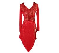 TJDWPRRD Vestito da Ballo Latino per Donna Abito da Sala da Ballo a Maniche Lunghe Abiti da Ballo da Prestazione di Cha Cha Tango Strass Gonna a Fessura a V per Rumba Salsa,Rosso,L