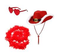 Tkidplw 3PCS Festa di Natale Adulto Cappello Da Cowboy Con Cuore Occhiali Da Sole Con Piuma Sciarpa Adulto Fedora Occidentale Strumenti Antivento Cappelli Per Le Donne Ornamenti Illuminano Led Rosso E