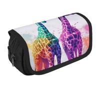 TKJMCSW Astuccio di grande capacità, con cerniera, con due giraffe, astuccio multifunzione con 3 scomparti, borsa per trucco in tessuto per adulti, per donne e uomini, organizer per forniture per