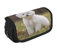 TKJMCSW Astuccio di grande capacità con cerniera, motivo cane Bichon Frise, astuccio multifunzione con 3 scomparti, borsa per trucco in tessuto per adulti, per donne e uomini, organizer per forniture