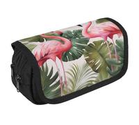 TKJMCSW Astuccio di grande capacità con cerniera, motivo fenicottero, palme, foglia, astuccio multifunzione con 3 scomparti, borsa per trucco in tessuto per adulti, per donne e uomini, organizer per