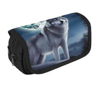 TKJMCSW Astuccio di grande capacità, con cerniera, motivo: lupo sotto la luna, astuccio multifunzione con 3 scomparti, borsa per trucco in tessuto per adulti per donne e uomini, organizer per