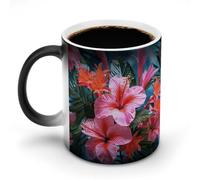 TKJMCSW Tazza da caffè da 325 ml, con fiori rosa tropicali, cambia colore, tazze da caffè con manico, tazza magica sensibile al calore, per donne e uomini, divertente tazza in ceramica per tè, latte