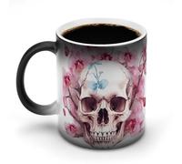 TKJMCSW Tazza da caffè da 325 ml, con teschio umano e fiori rosa che cambiano colore, tazze da caffè che cambiano il calore con manico, tazza magica sensibile al calore, per donne e uomini, divertente