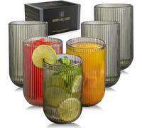 TKNO 6 bicchieri alti da 410 ml, a coste, in vetro, per acqua, gin, succo, cocktail, origami, set di bicchieri per bevande, ideali per casa, ristorante, eventi e feste