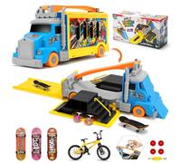 Tlater Giocattolo trasformabile portatile per bambini, veicolo pieghevole 2 in 1 con rampe per skateboard, 3 fingerboard, 1 mini bicicletta e contenitore, regalo per bambini dai 3 anni in su