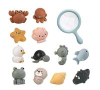TLHWIN Set di giocattoli da bagno per bambini, con retino e 12 animali marini in silicone, completamente ermetici, impermeabili, senza muffe e batteri, giocattolo da pescatore galleggiante per vasca