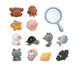 TLHWIN Set di giocattoli da bagno per bambini, con retino e 12 animali marini in silicone, completamente ermetici, impermeabili, senza muffe e batteri, giocattolo da pescatore galleggiante per vasca