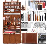 TLKKUE Kit di utensili in pelle Strumenti artigianali in pelle Kit di lavoro in pelle con borsa personalizzata Tappetini da taglio Incisione Punzonatura Cucito Stampaggio Strumenti di levigatura