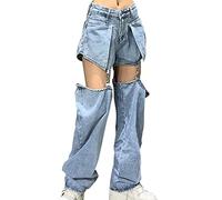 TLMDXTEU Jeans Donna Pantaloni da Donna in Denim con Vita Alta e Catena, Stile Streetwear Slim Strappati(M)