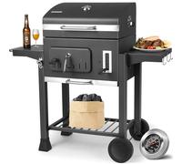 TLSUNNY Barbecue Carbonella con Coperchio, XXL Barbecue a Carbone con Termometro, Ripiani Pieghevoli, 2PCS Ruote, Grande Capacità, Griglia BBQ Carbonella in Giardino e all'aperto, Grigio