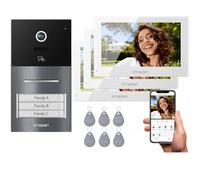 TMEZON Videocitofono Smart 2 Fili Video Citofoni Y70,Tre schermi e Campanello Esterno con Telecamera,APP/Carta RFID Unlock,Rilevare Movimento Umano Intelligente,Trifamigliare