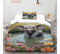 TMMDH Carino Elefante Set Copripiumino Singolo Fiori Parure Copri Piumino in Microfibra 3 Pezzi con 1 Copripiumino 135x200 cm + 2 Federe 50x80 cm