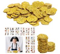 TMZELOA 100 Pcs Monete D'oro Pirata Monete di Tesoro Monete Pirata in Metallo Monete Finte Monete in Oro Pirata Soldi Finti per Bambini in Plastica Partito Regalo Caccia al Tesoro per Feste Compleanno