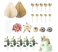 TMZELOA 28 Pièces Décorations de Gâteau Boho, Fleurs Artificielles, Feuilles de Magnolia, Boules Dorées Boho, Décorations Réutilisables pour Anniversaire, Mariage, Baby Shower, Communion et Baptême