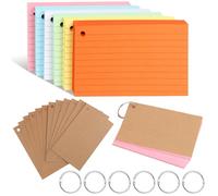TNEDFOD 300 Pezzi Flash Card Cartoncini, 12,3 x 7,3 Schede Indice con Anelli Rilegatura e Carta Kraft, Flashcards Cartoncino a Righe per Scuola, Ufficio, Casa, Studio Appunti (6 Colori)