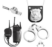TNEDFOD 4 Pezzi Costume Poliziotta Accessori Set, Costume della Polizia per Bambini con Poliziotto Manette Distintivo Fischietto Walkie Talkie, Police Costumi per Bambini, Uomo o Donna