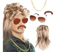 TNEDFOD Parrucca Uomo Mullet Anni 80, Parrucche Divertenti, Parrucca Occhiali da Sole Collana Barba Finta per Cosplay Halloween Costume Party,Disco, Festa a Tema o Carnevale