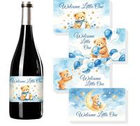 TNKBREEZE 40 etichette per bottiglie di vino, mini etichette per bottiglie di champagne, orso blu, impermeabili, autoadesive, 5 × 9 cm, per baby shower, feste, decorazioni per feste, regali