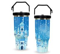 TNKBREEZE Bicchiere grande da 1,2 l con manico e cannuccia, in acciaio inox, con coperchio a prova di perdite, per pendolari, palestra e avventure all'aperto, motivo castello blu