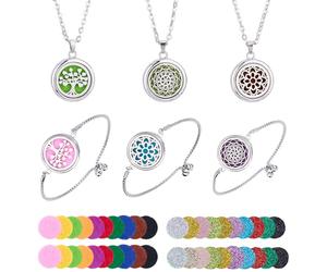 TNKBREEZE Set di 6 collane e braccialetti con diffusore di oli essenziali per aromaterapia, 3 stili, con cuscinetti a forma di loto e albero, idea regalo per donne e uomini