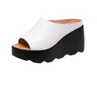 TNMIUH Ciabatte Donna Vera Pelle Zeppa Platform Sabots Spuntate Estive Sandali Fascia Larga Comode Eleganti Mare Casa Nero Bianco,Bianca,36 EU