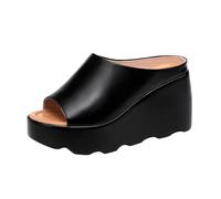 TNMIUH Ciabatte Donna Vera Pelle Zeppa Platform Sabots Spuntate Estive Sandali Fascia Larga Comode Eleganti Mare Casa Nero Bianco,Nero,38.5 EU