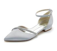 TNMIUH Donna Scarpe da Sposa Eleganti con Cinturino alla Caviglia, Punta Affusolata, Strass, Bianco/Avorio Raso Comode Scarpe Basse per la Sposa/la Mamma della Sposa/I'invitata,Argento,36 EU