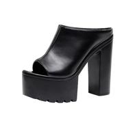 TNMIUH Sabot Donna in Pelle con Plateau e Tacco Largo, Sandali Chunky con Suola a Carrarmato, Mules a Punta Aperta Style Y2K e Goth - Nero, Bianco,Nero,35.5 EU