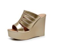 TNMIUH Sandali con Zeppa Donna Platform Ciabatte Metallico Traforato Wedges Punta Aperta Tacco Alto Slip-on Scarpe da Sera Oro Nero 12cm,Gold 12cm,34 EU