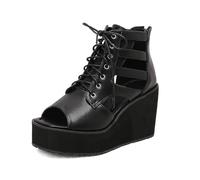 TNMIUH Sandali con Zeppa e Platform da Donna con Lacci, Tronchetti Estivi Spuntati Stile Goth Punk, Sandali alla Schiava con Ritagli Nero,Nero,41 EU