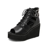 TNMIUH Sandali con Zeppa e Platform da Donna con Lacci, Tronchetti Estivi Spuntati Stile Goth Punk, Sandali alla Schiava con Ritagli Nero,Nero,37.5 EU