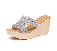 TNMIUH Sandali con Zeppa Tacco da Donna, Decorazione in Cristallo, Platform 8 cm, Slip on Eleganti Sandali,Estate Punta Aperta Spiaggia Vacanza Scarpe,Oro,Argento,Argento,41 EU