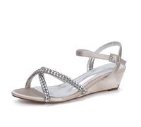 TNMIUH Sandali da Sposa con Strass di Cristallo da Donna, in Raso, con Zeppa Bassa da 4Cm, Punta Aperta, Comodi Ed Eleganti Sandali per Sposa/Abito/Laurea,Champagne,43 EU