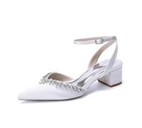 TNMIUH Scarpe da Sposa comode con Tacco Basso e Strass da Donna, Eleganti décolleté in Raso, bellissime Scarpe da Scarpe col Tacco a Blocco per Matrimonio e Sera,Bianca,36 EU