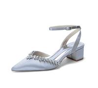 TNMIUH Scarpe da Sposa comode con Tacco Basso e Strass da Donna, Eleganti décolleté in Raso, bellissime Scarpe da Scarpe col Tacco a Blocco per Matrimonio e Sera,Argento,42 EU
